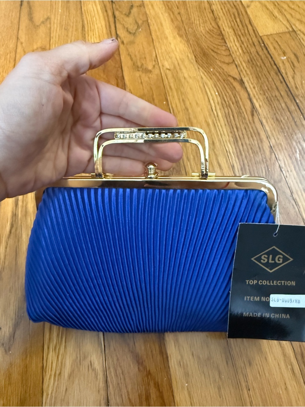LG Cobalt Blue Pleated Evening Clutch with Gold Frame